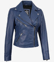 Womens Real Lambskin Leather Blue Biker Style Jacket
