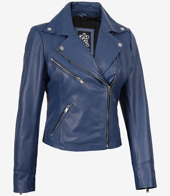 Womens Real Lambskin Leather Blue Biker Style Jacket