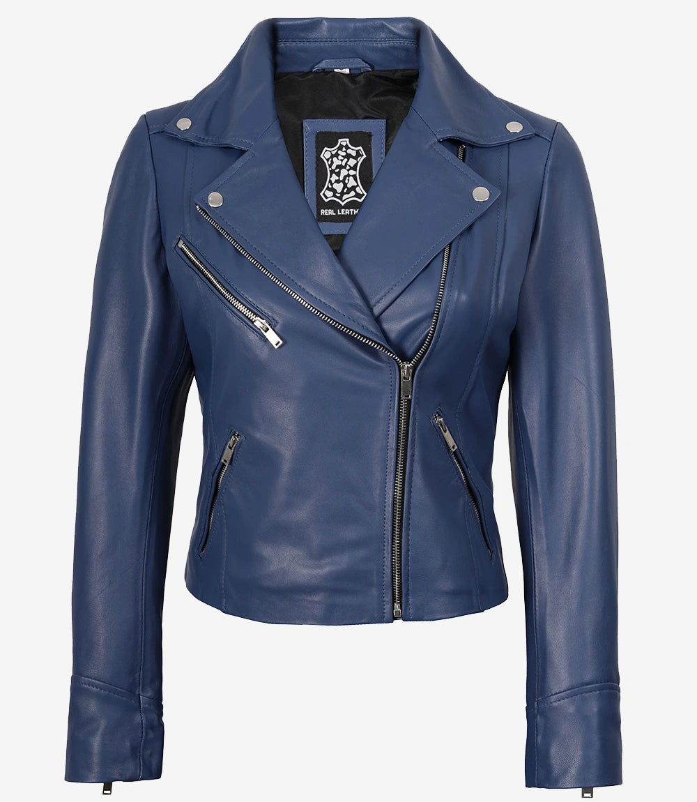 Womens Real Lambskin Leather Blue Biker Style Jacket