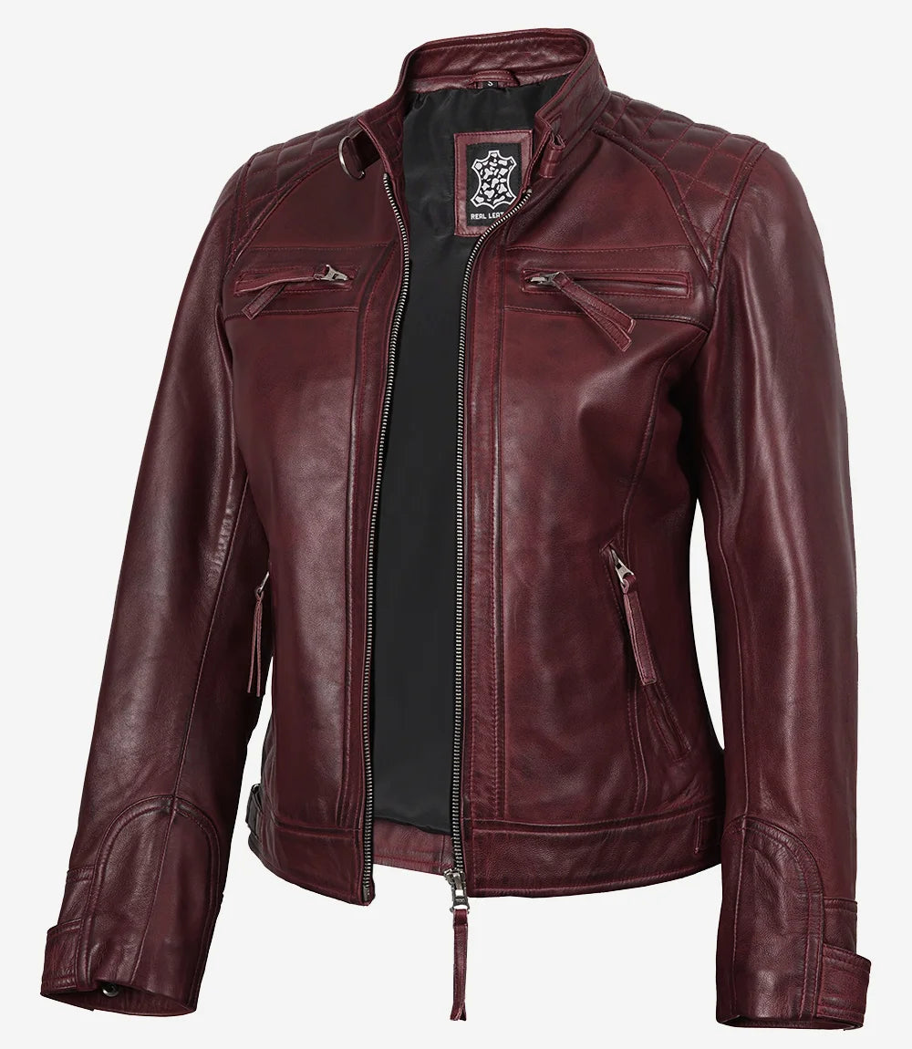 Maroon Womens Real Lambskin Leather Motorcycle Jacket