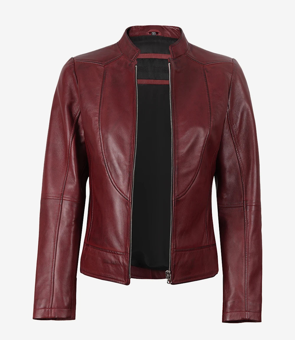 Womens Biker Maroon Leather Jacket