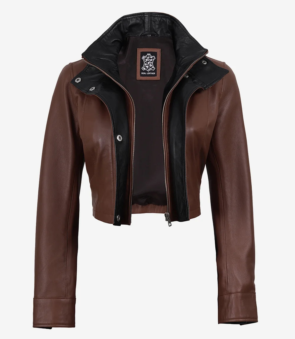 Women's Cropped Cognac Leather Jacket with Black Details - Cognac with Black Interior Detailing