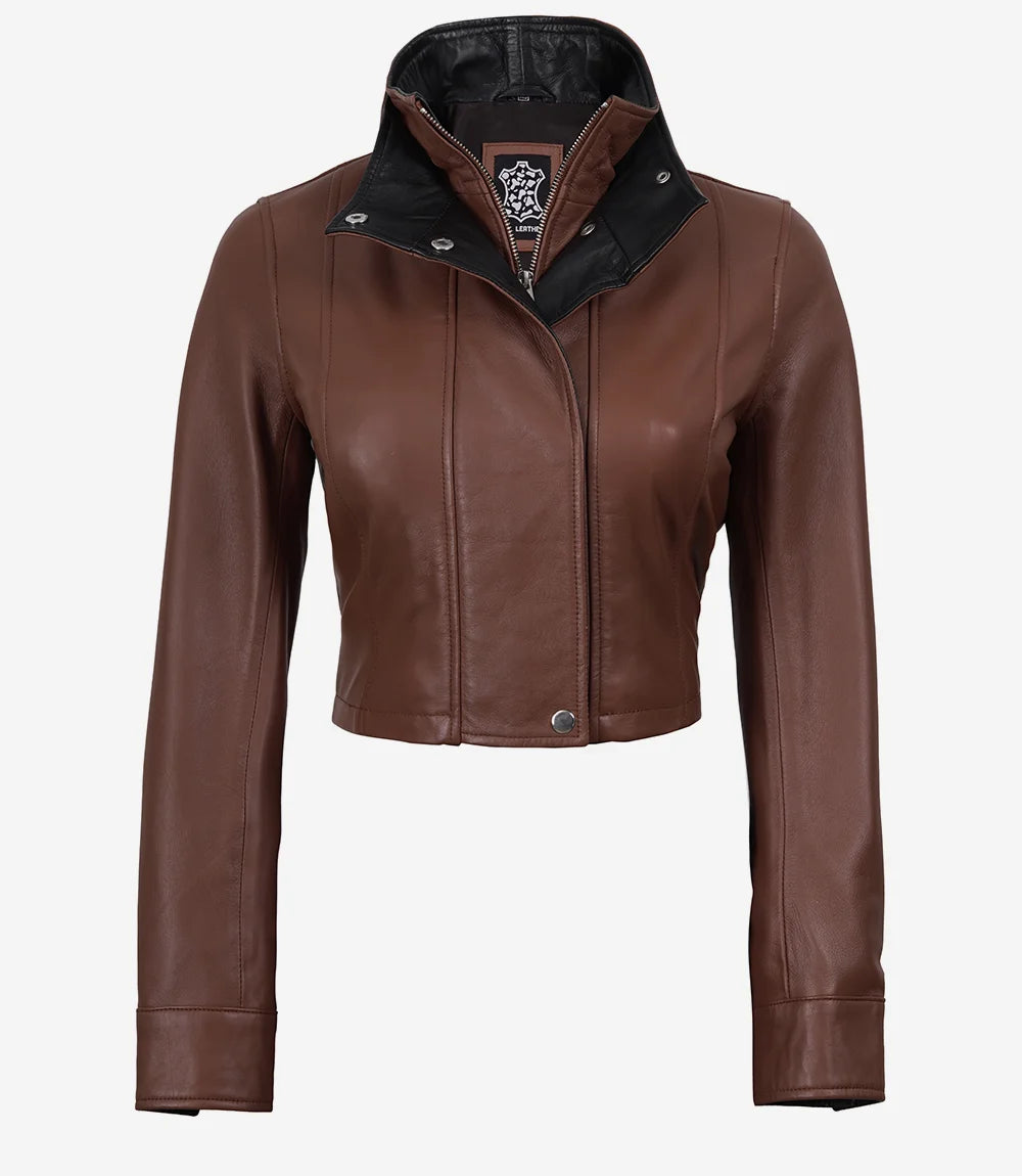 Women's Cropped Cognac Leather Jacket with Black Details - Cognac with Black Interior Detailing - view 4