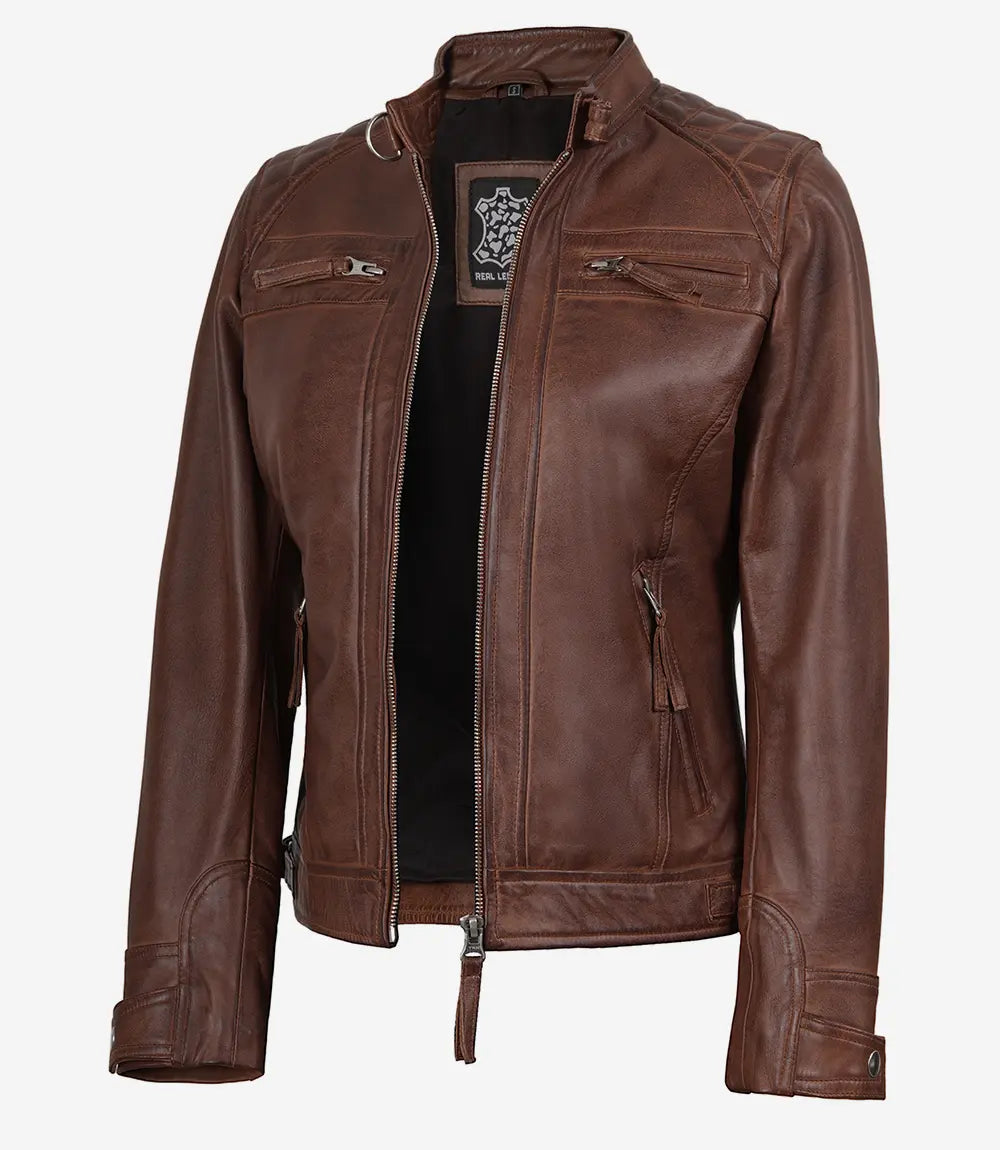 Womens Cognac Real Leather Motorcycle Jacket