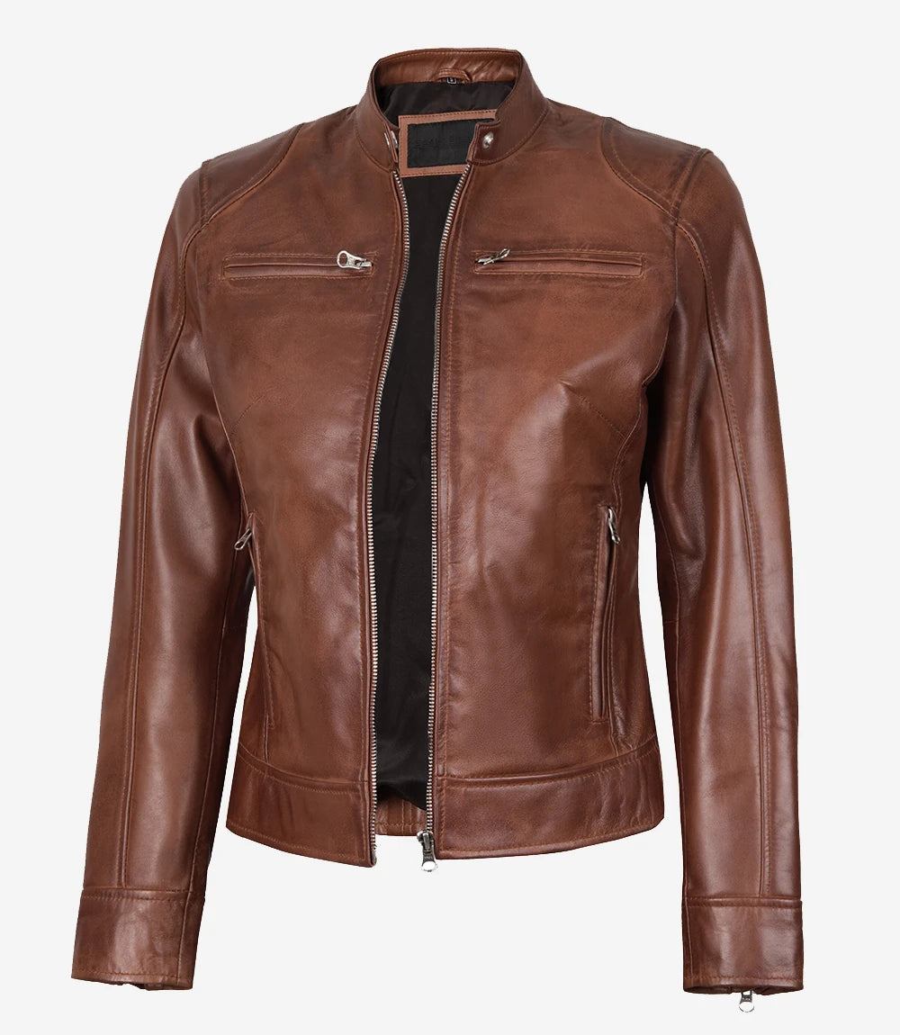 Womens Cognac Real Leather Moto Jacket
