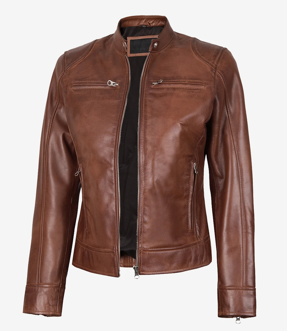Womens Cognac Real Leather Moto Jacket