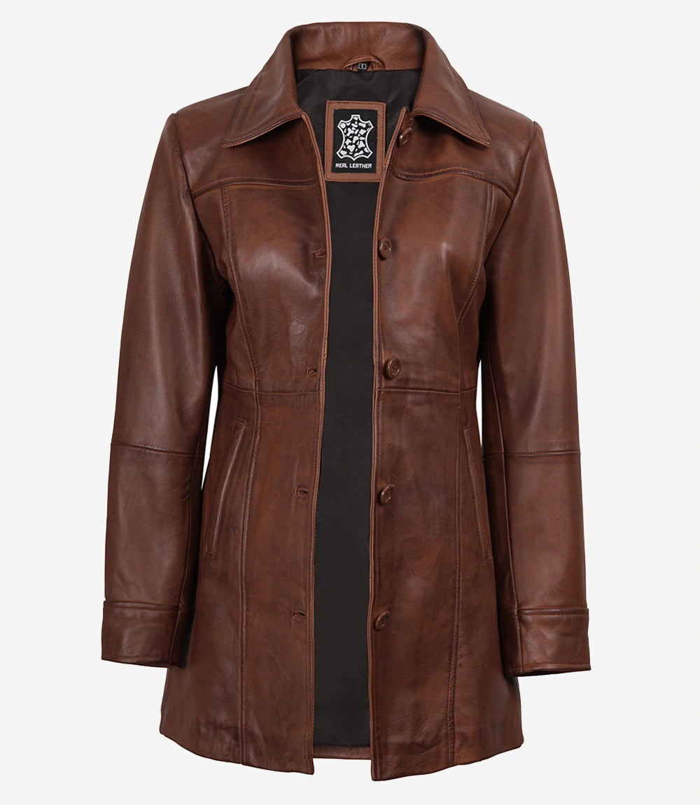 Womens Tall Shirt Collar Cognac Leather Coat - 3/4 Length Coat