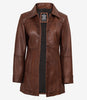 Womens Tall Shirt Collar Cognac Leather Coat - 3/4 Length Coat