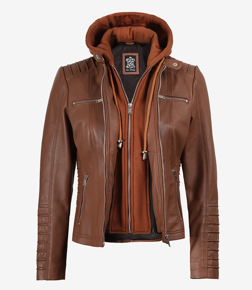 Womens Brown Hooded Leather Jacket