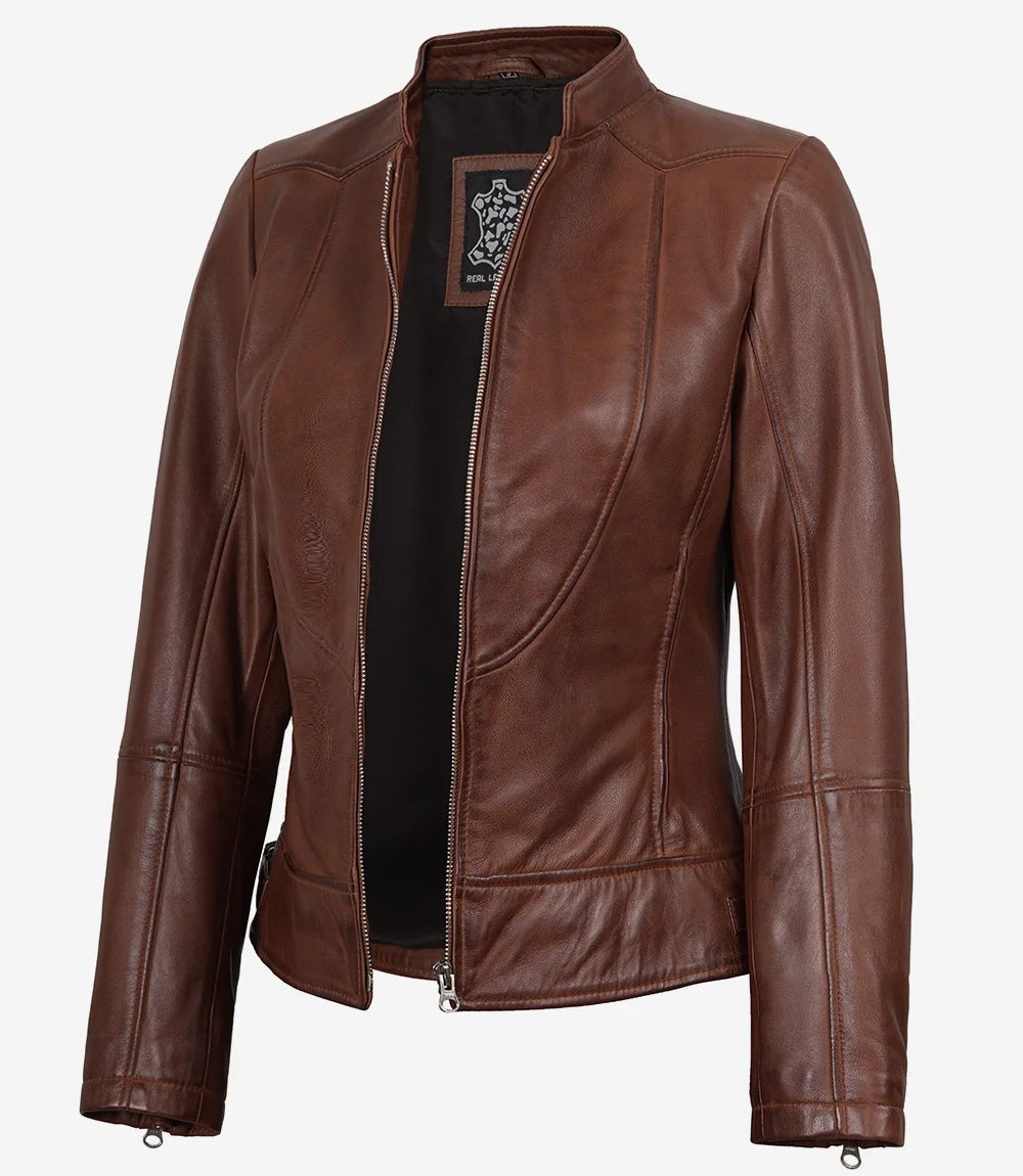 Women's Cognac Leather Biker Style Jacket