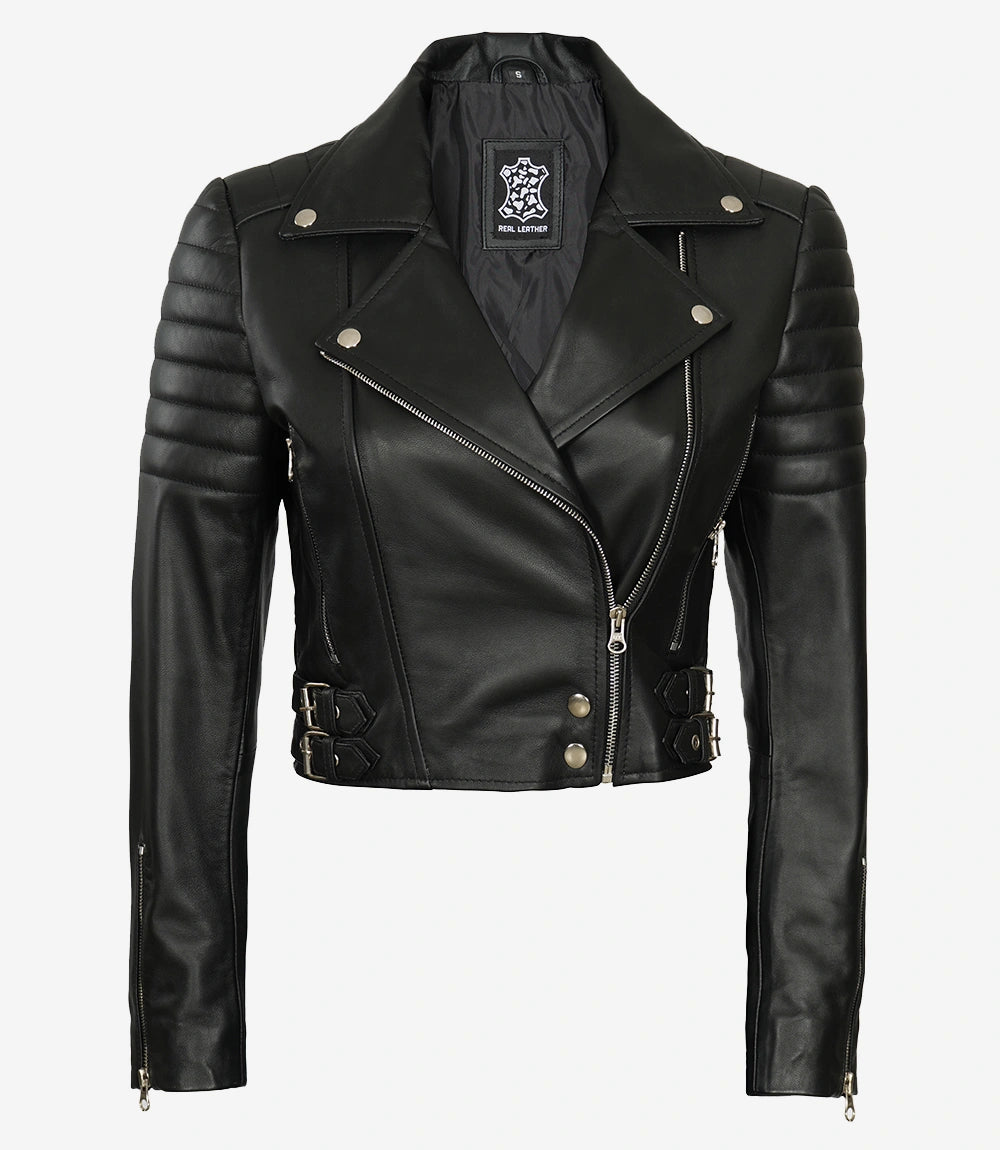 Women Asymmetrical Black Cropped Moto Leather Jacket