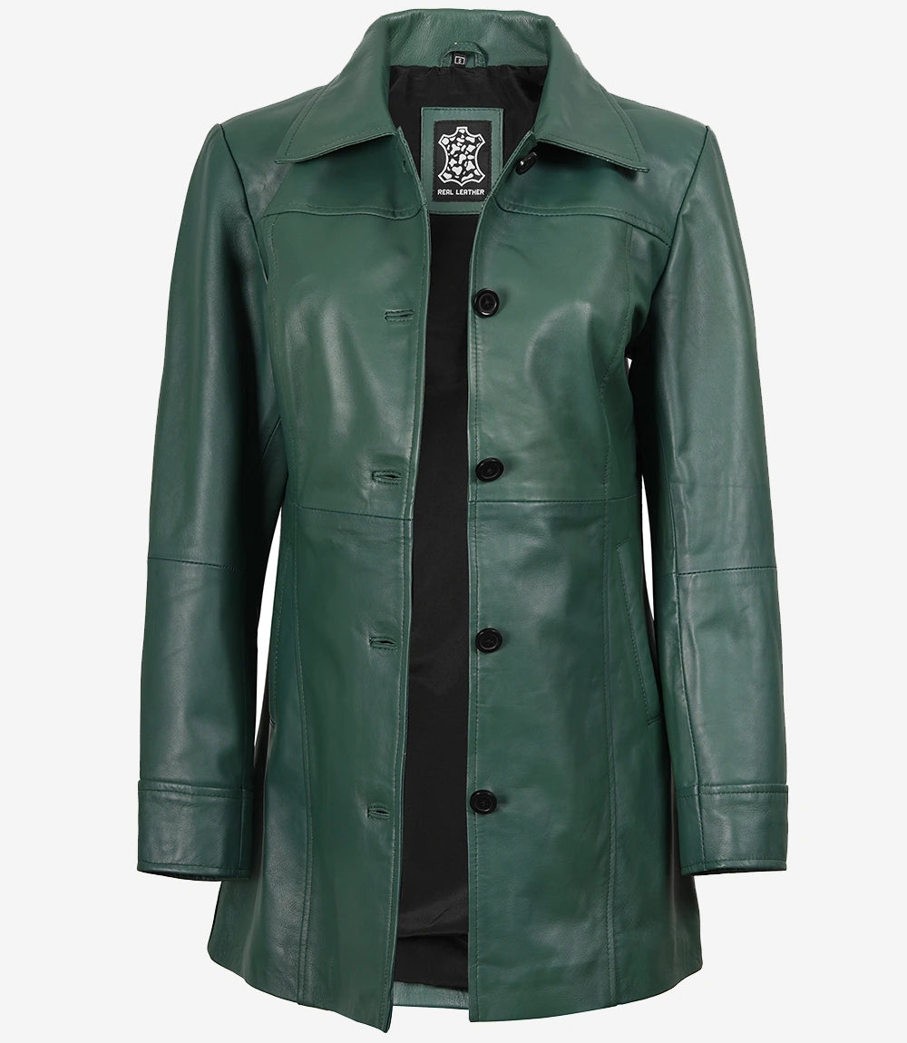 Womens Real Leather Green Car Coat