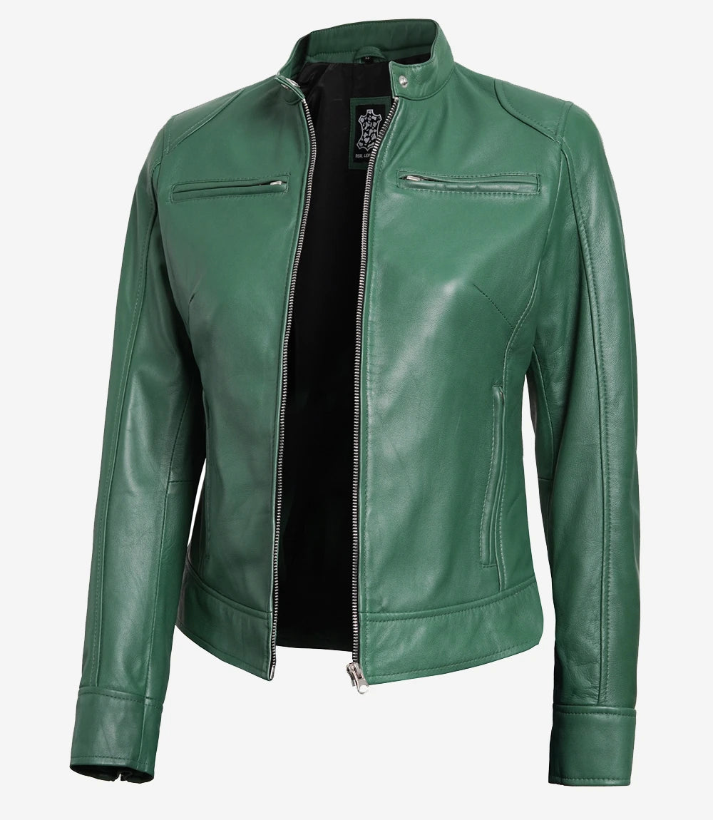 Womens Biker Racer Green Leather Jacket