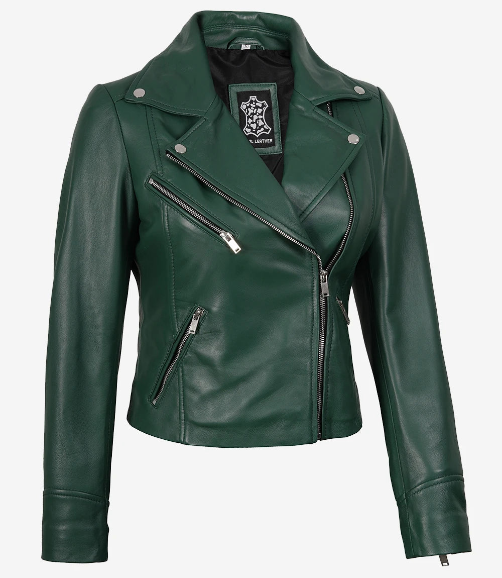 Women's Real Lambskin Leather Green Biker Style Jacket