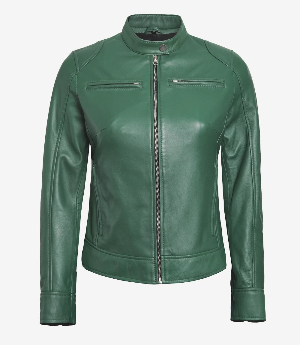 Womens Biker Racer Green Leather Jacket