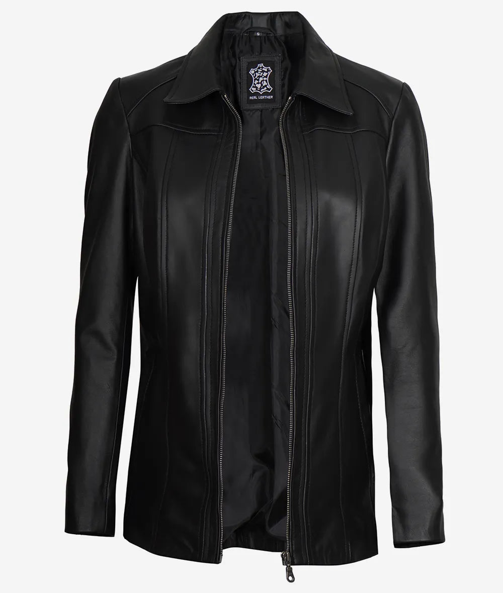 Womens Shirt Collar 3 4 Length Black Leather Coat