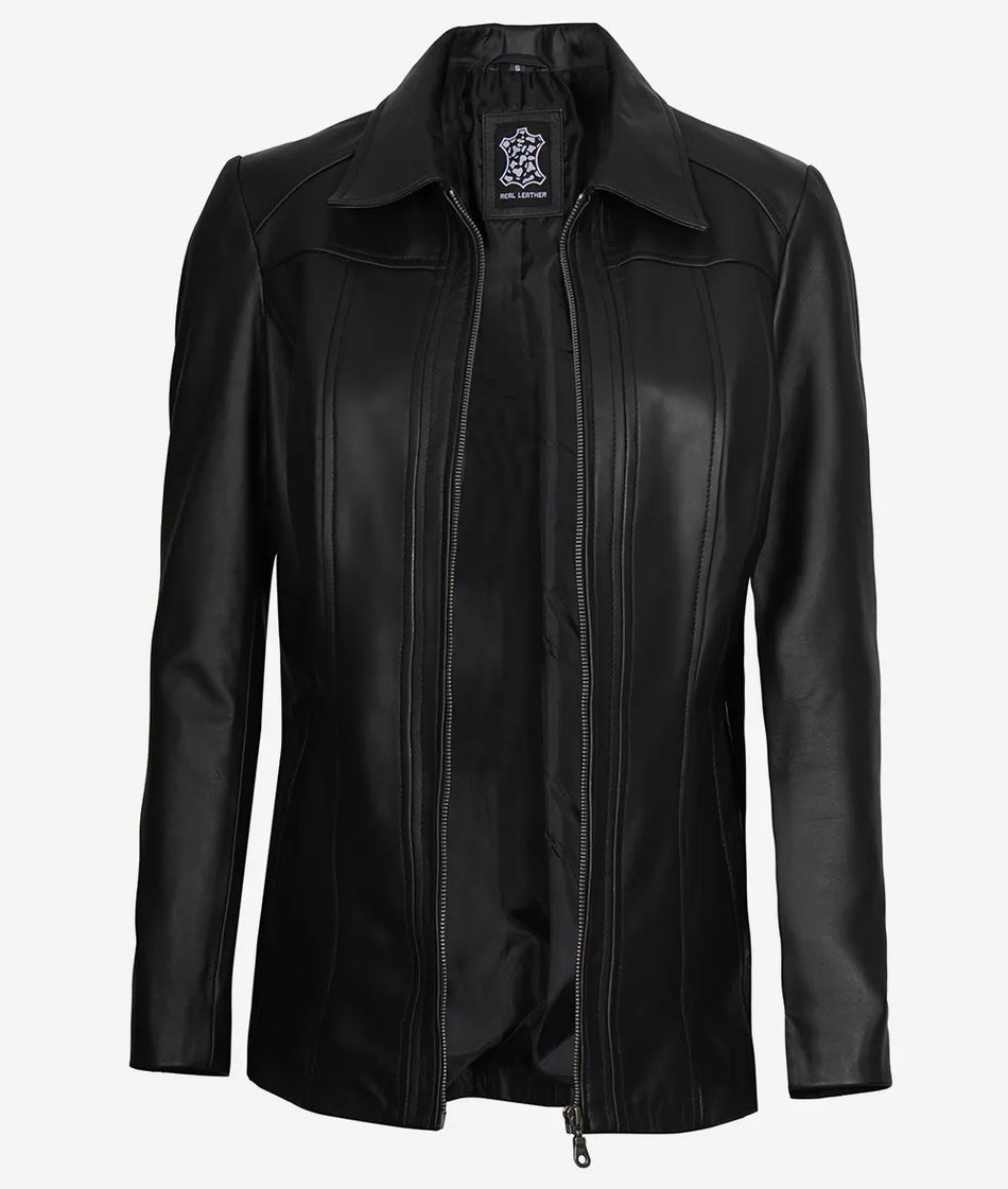 Womens Shirt Collar 3 4 Length Black Leather Coat