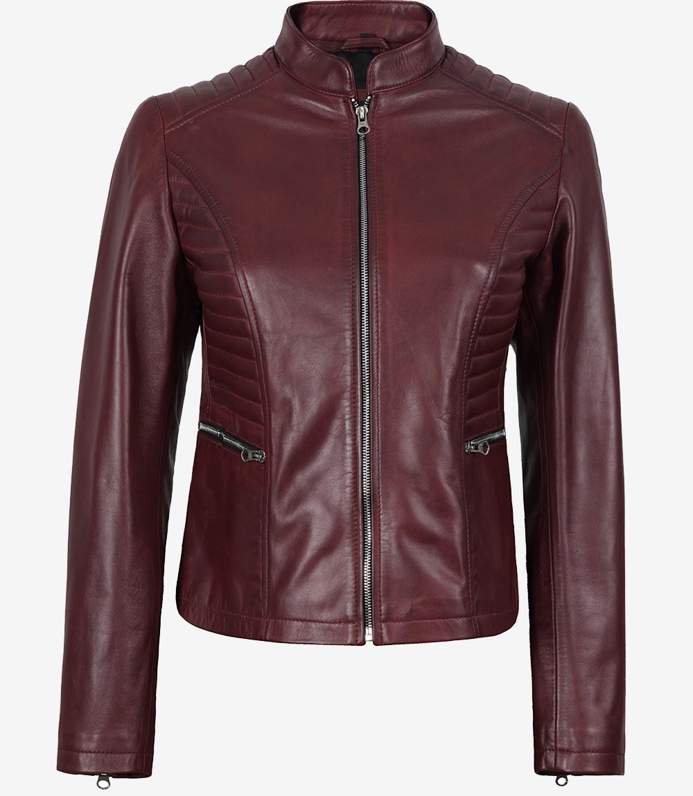 Womens Maroon Slim Fit Leather Jacket