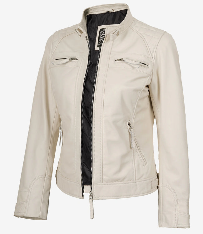 Womens Real Lambskin Leather Off White Quilted Biker Style Jacket