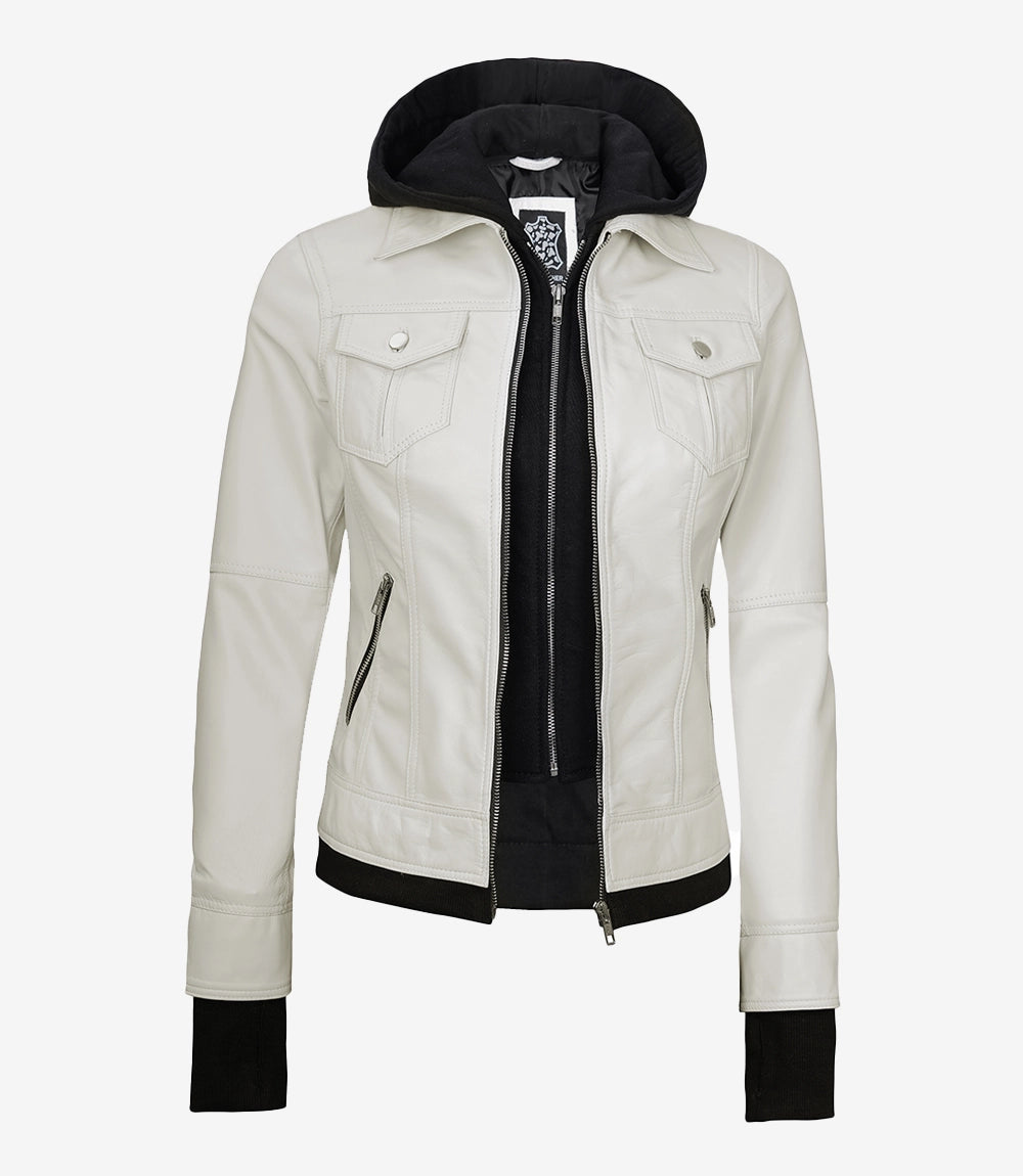 Womens White Bomber Leather Jacket with Removable Hood