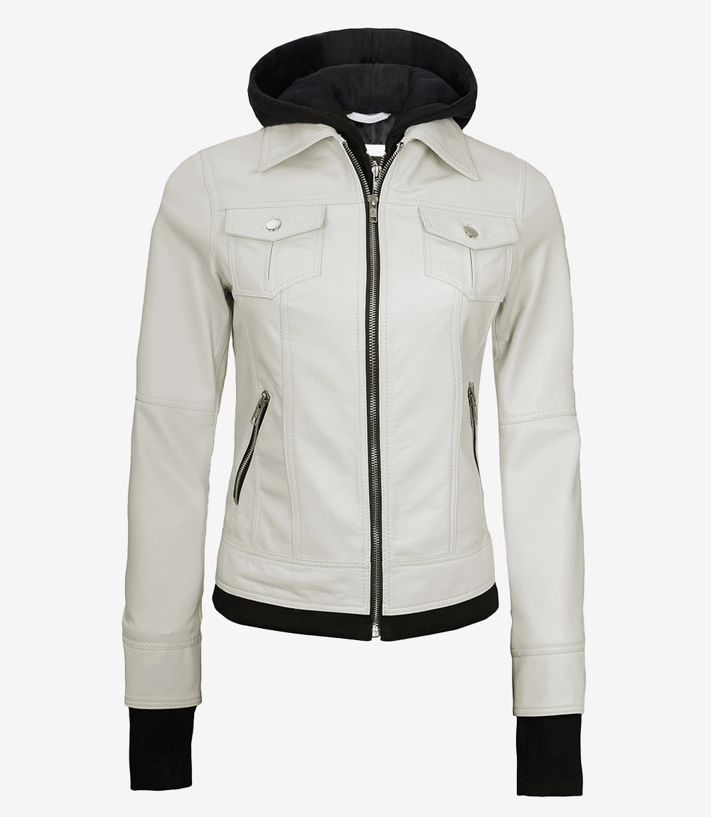 Womens White Bomber Leather Jacket with Removable Hood