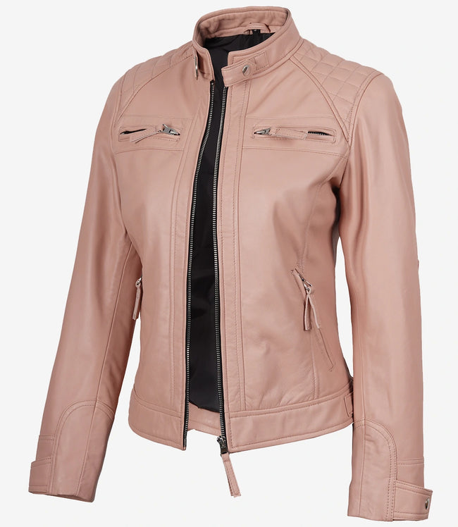 Women's Pink Biker Style Leather Jacket - Quilted Shoulder