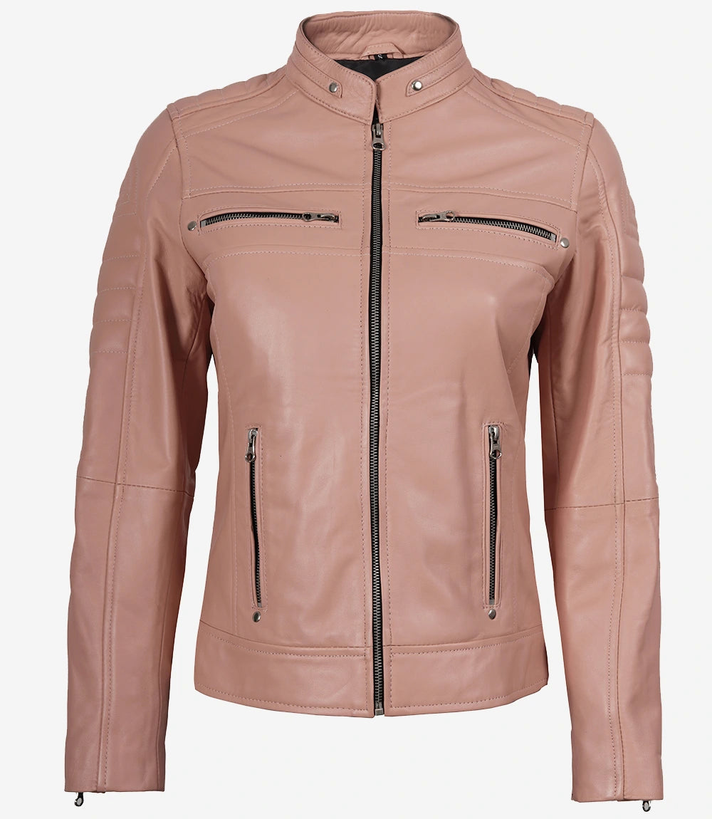 Womens Real Leather Pink Biker Jacket