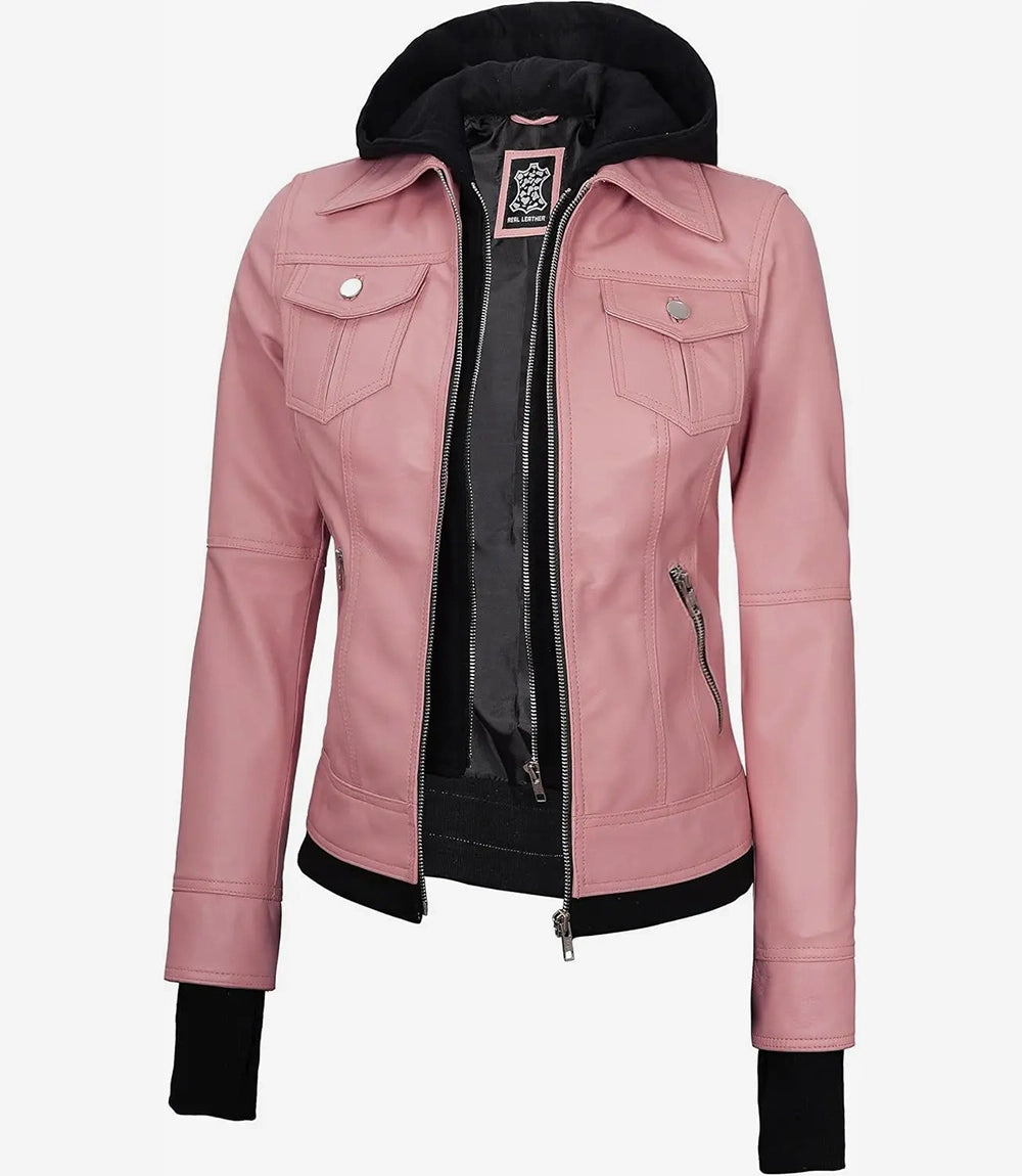 Womens Pink Bomber Leather Jacket with Removable Hood