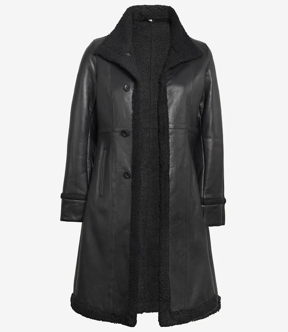 Womens Black Shearling Leather Coat