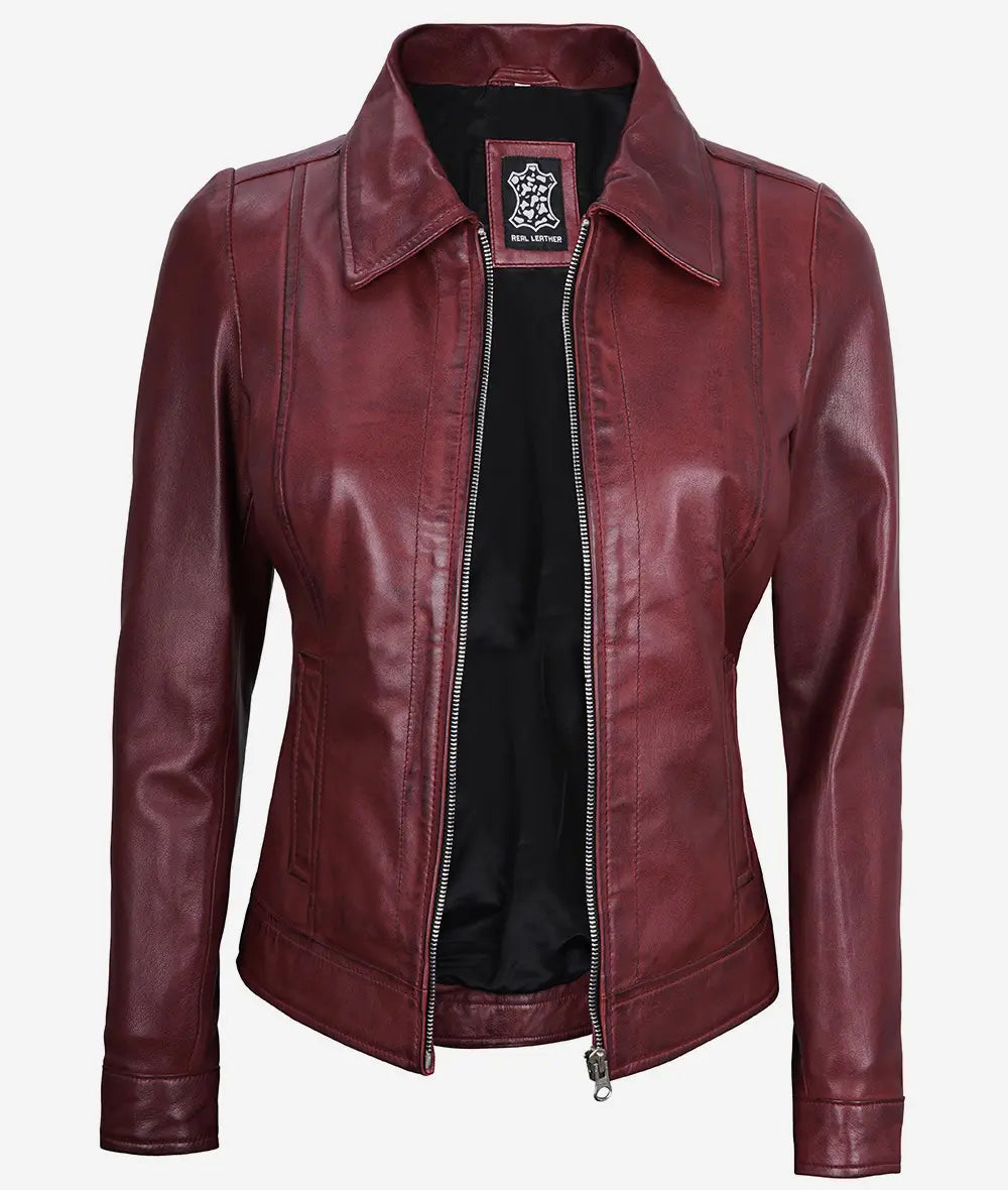 Womens Shirt Collar Maroon Leather Jacket