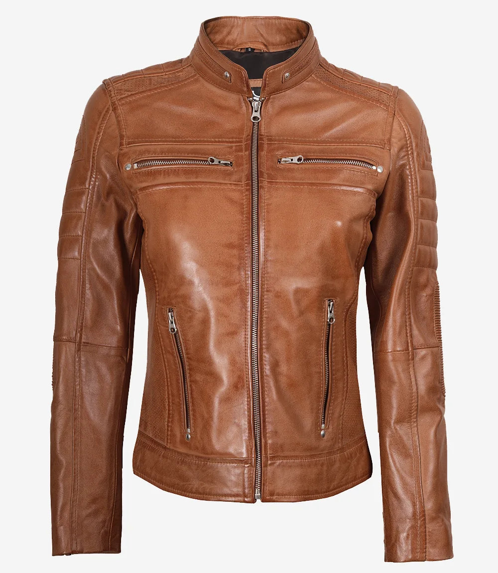 Womens Tan Biker Style Leather Jacket