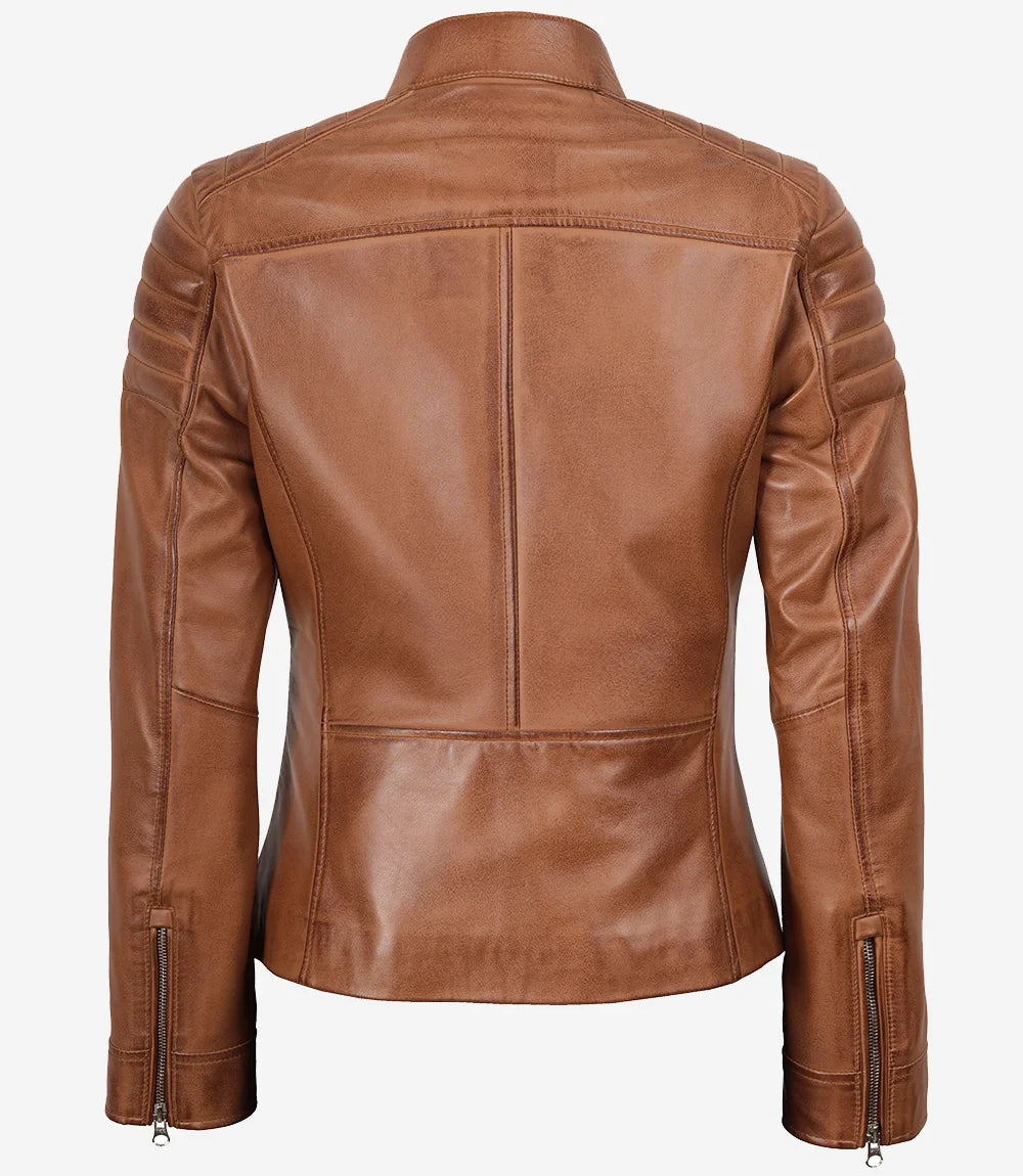 Womens Real Lambskin Leather Tan Biker Style Jacket