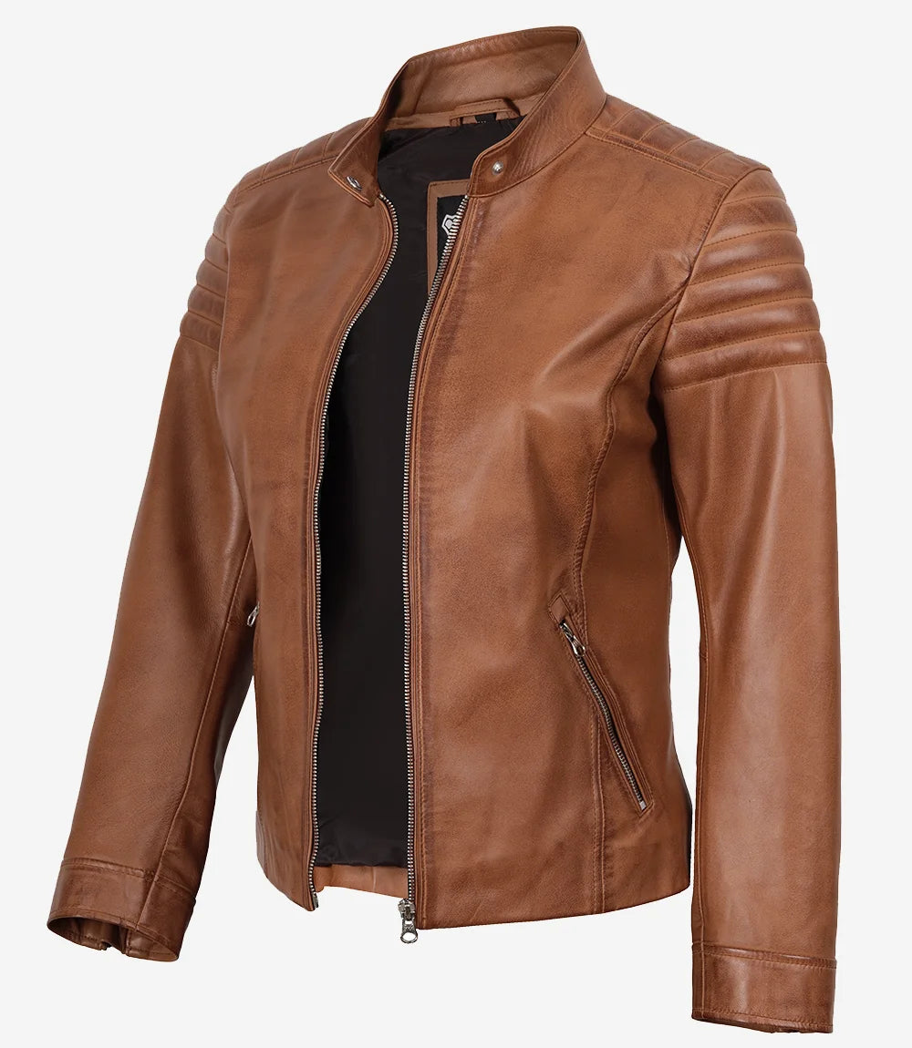 Womens Real Lambskin Leather Tan Biker Style Jacket