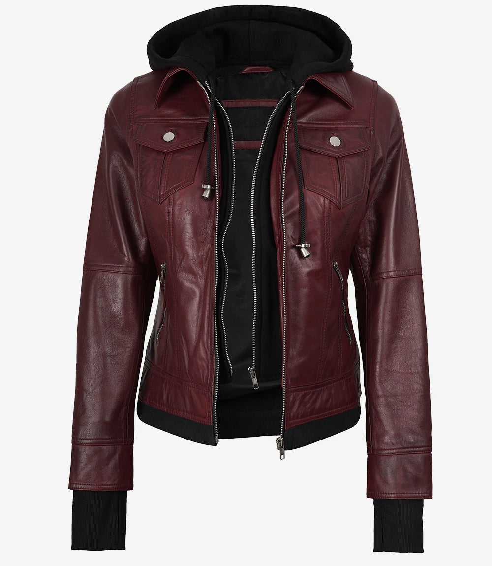 Womens Burgundy Bomber Leather Jacket With Removable Hood