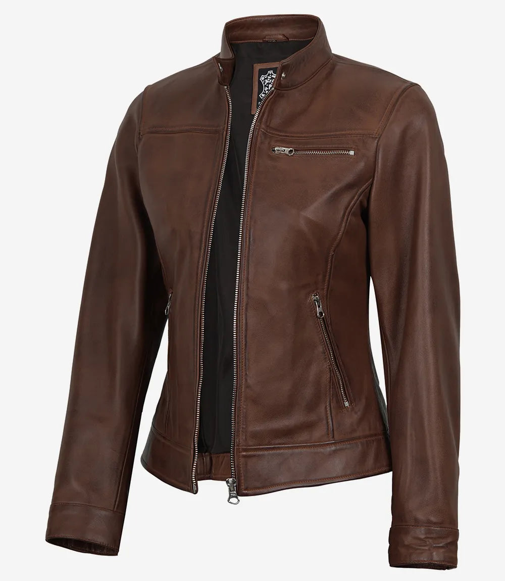 Women's Cognac Waxed Lambskin Biker Style Leather Jacket