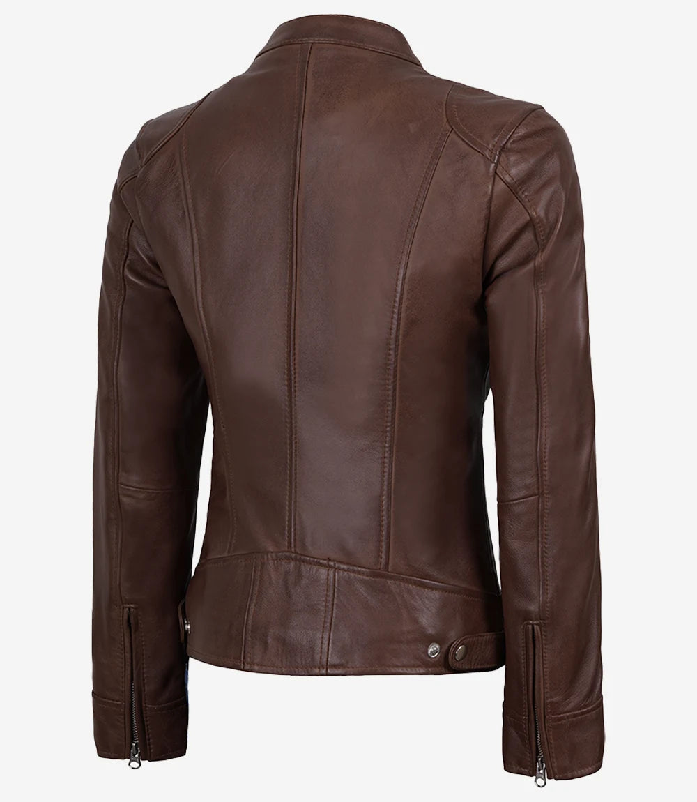 Women's Cognac Waxed Real Leather Biker Style Jacket
