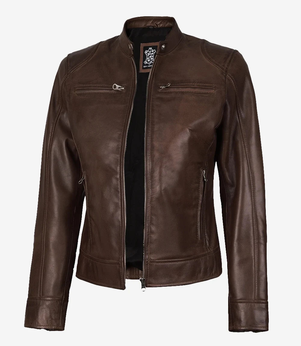 Women's Cognac Waxed Real Leather Biker Style Jacket