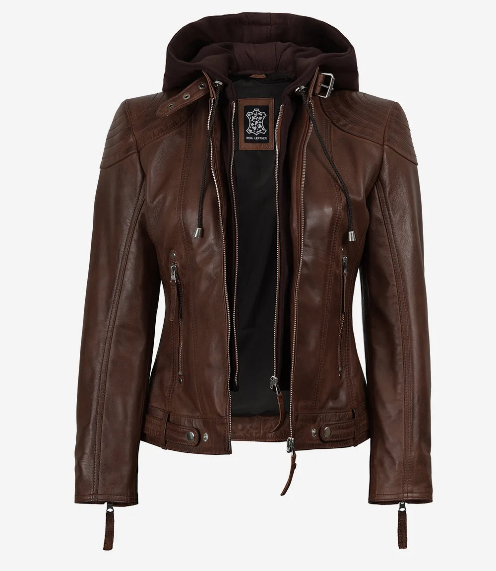 Women’s Cognac Brown Lambskin Hooded Leather Jacket (2-in-1 Style)