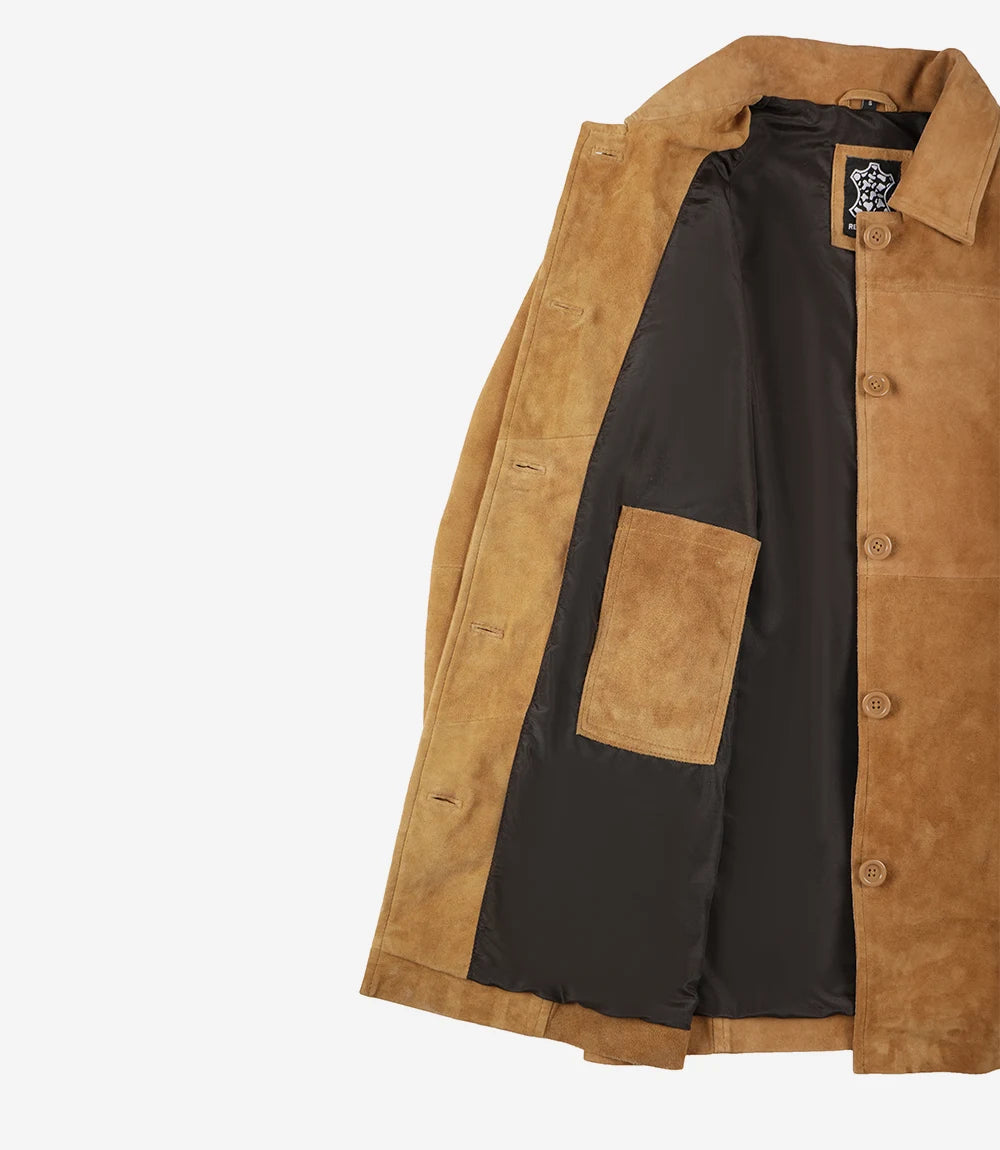 Women's 3/4 Length Button Down Brown Suede Coat