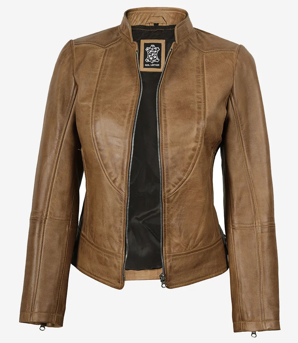 Amy Womens Camel Brown Biker Style Leather Jacket