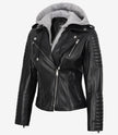 Women's Biker Style Black Leather Jacket with Hood