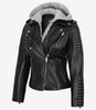 Women's Biker Style Black Leather Jacket with Hood