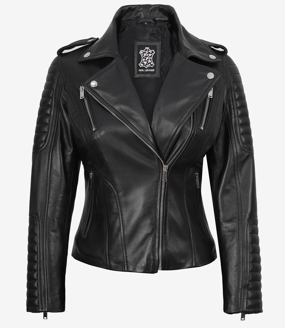 Women's Biker Style Black Leather Jacket with Hood