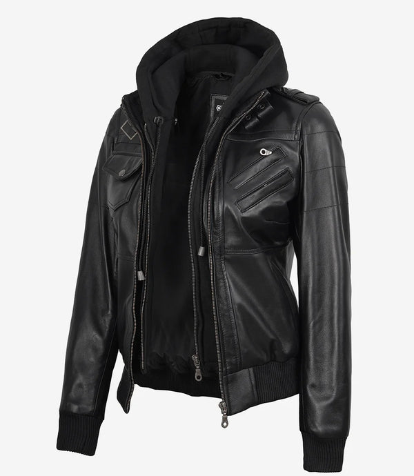【BALR.】2way HOODED LEATHER BOMBER JACKET Women's Luna Black Hooded Leather Bomber Jacket – The Jacket Maker