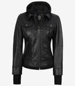 The Celeste: Womens Black Bomber Leather Jacket with Removable Hood
