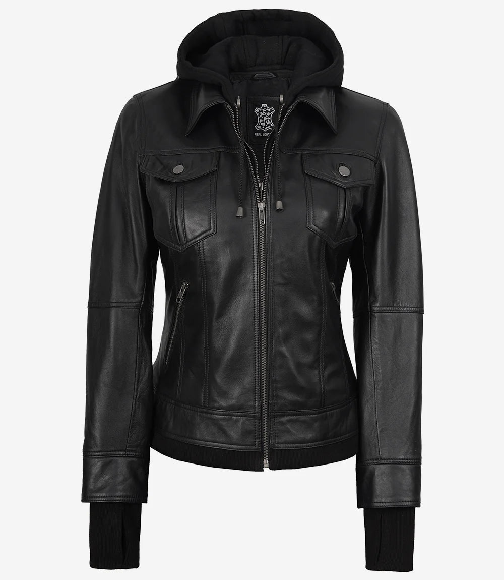 The Celeste: Womens Black Bomber Leather Jacket with Removable Hood