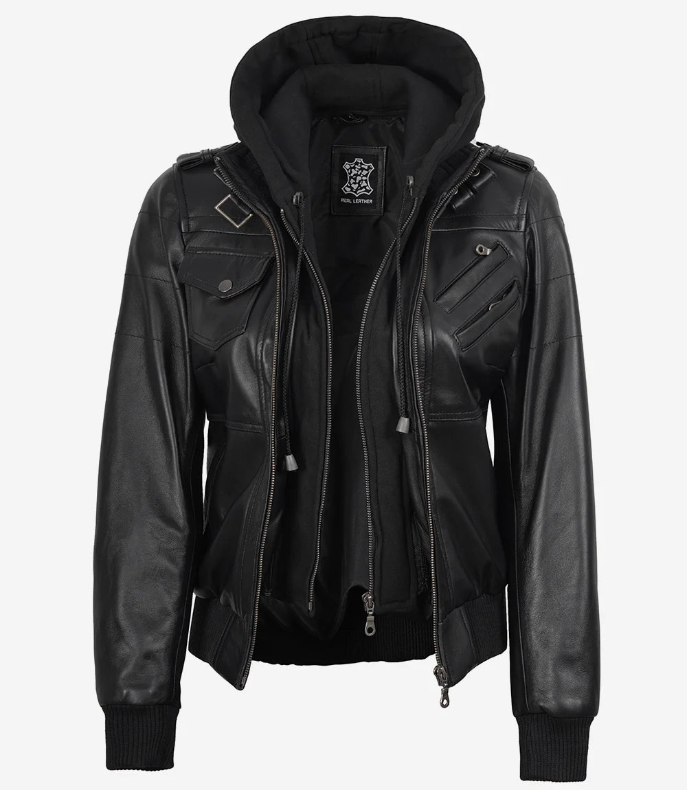 Women's Black Leather Bomber Jacket with Removable Hood