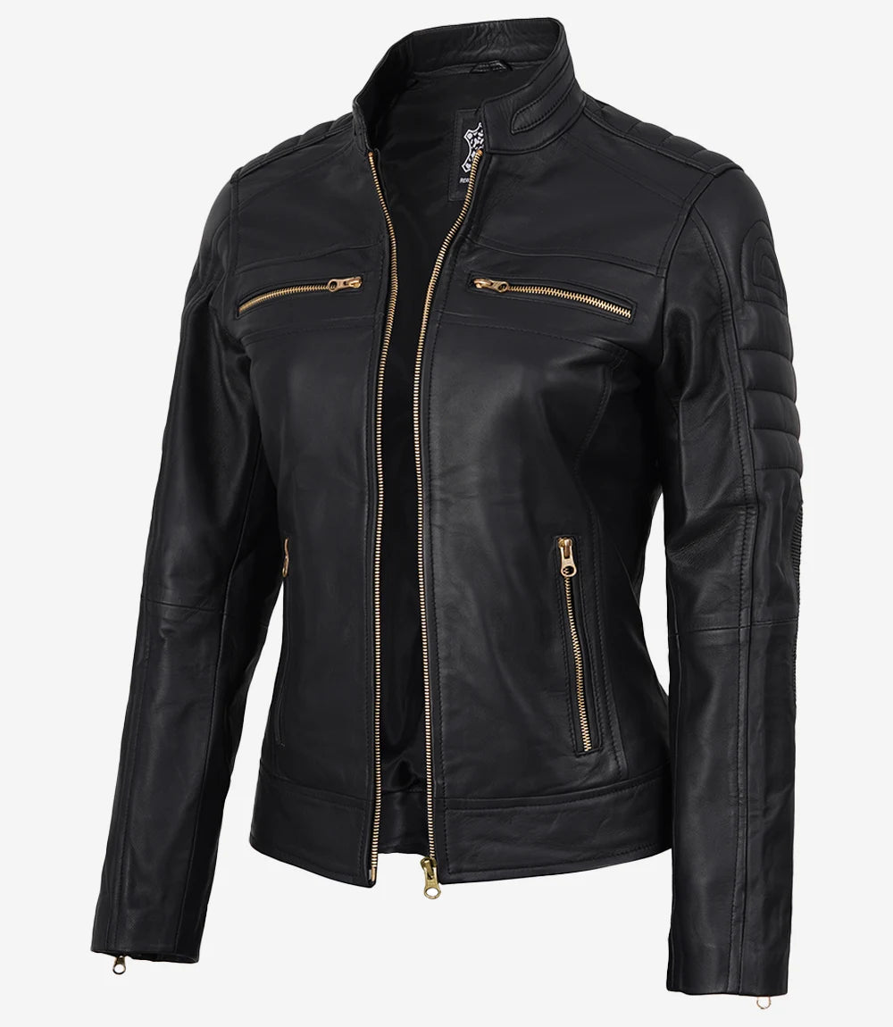 Women's Matte Black Leather Cafe Racer Jacket with Gold Zippers
