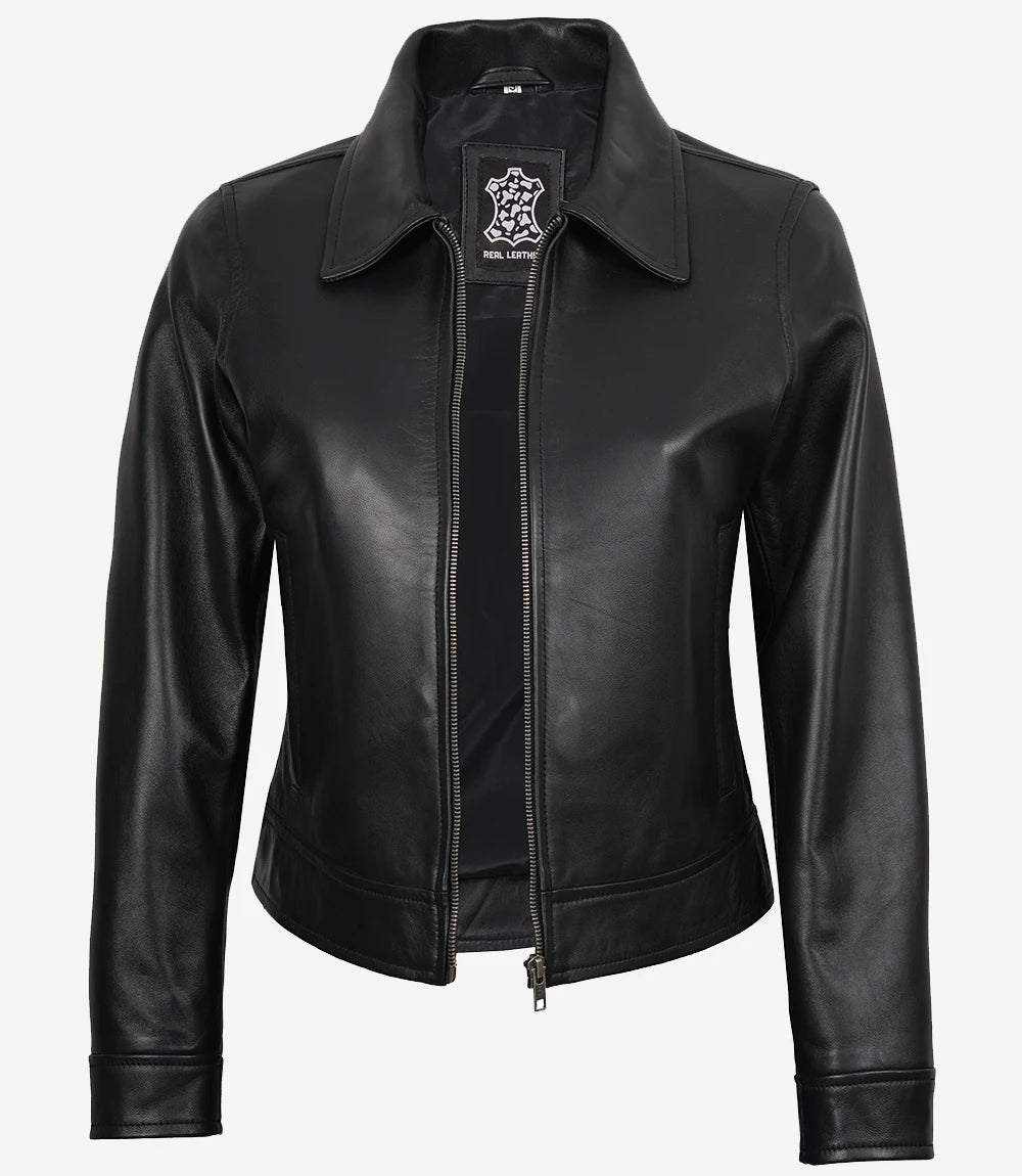 Womens Black Shirt Collar Harrington Leather Jacket
