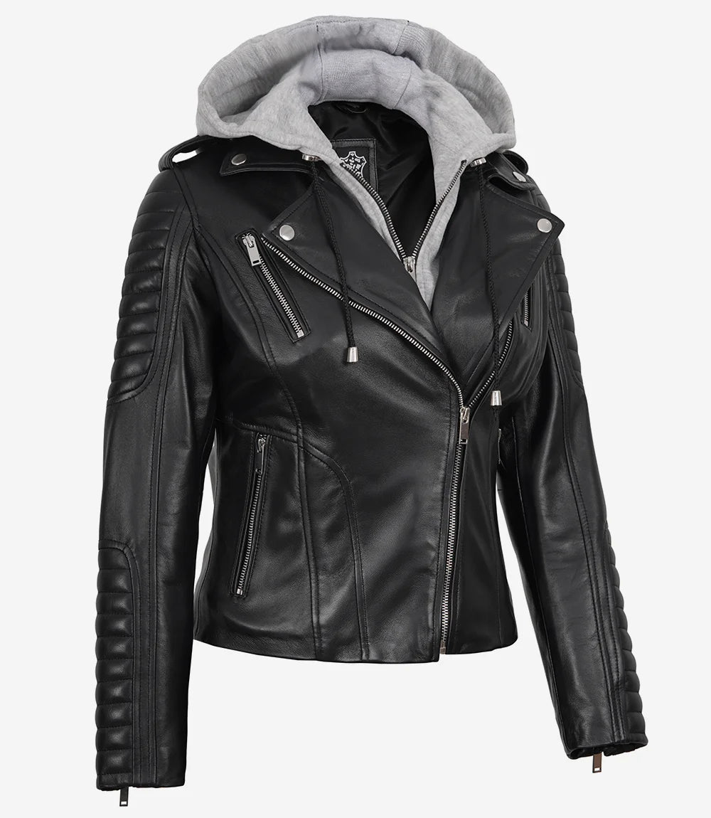 Women's Biker Style Black Leather Jacket with Hood